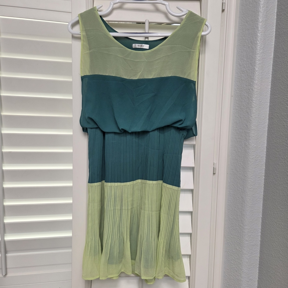 Esley Green and Teal Tiered Mini‎ Dress Womens S Lined Sheer Spring